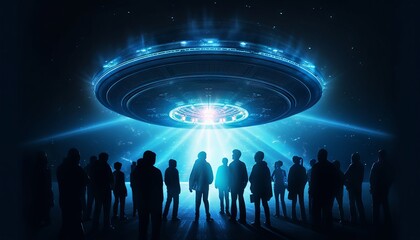 image of an illuminated UFO spaceship surrounded by a group of humans, as a blue light portal glows beneath it. Generative ai