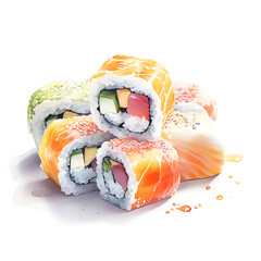 Watercolor illustration of sushi food, isolated on white background. Generative AI
