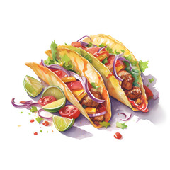 Watercolor illustration of tacos food, isolated on white background. Generative AI