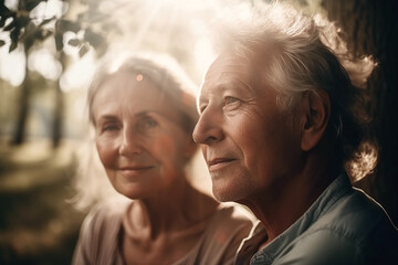 Fototapeta premium couple of elderly pensioners in love in nature in summer. Generative AI