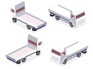 Isometric Flatbed Cargo Truck. Back and Front View. Commercial Transport. Logistics. Empty Car for Carriage of Goods.