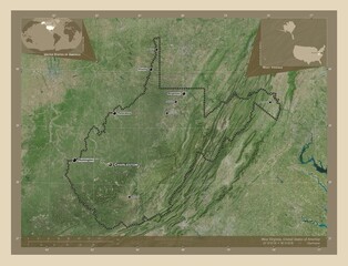 West Virginia, United States of America. High-res satellite. Labelled points of cities