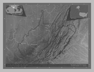 West Virginia, United States of America. Grayscale. Labelled points of cities