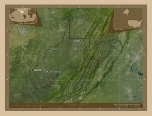 West Virginia, United States of America. Low-res satellite. Labelled points of cities