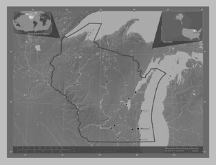 Wisconsin, United States of America. Grayscale. Labelled points of cities