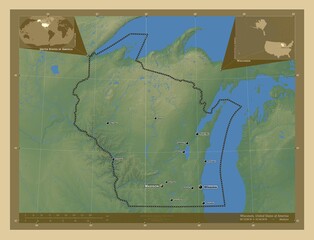 Wisconsin, United States of America. Physical. Labelled points of cities