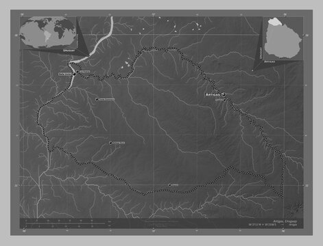 Artigas, Uruguay. Grayscale. Labelled points of cities
