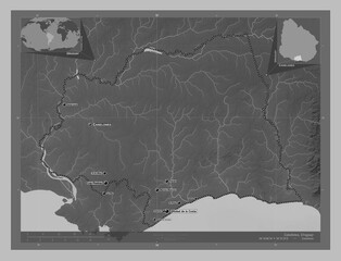 Canelones, Uruguay. Grayscale. Labelled points of cities