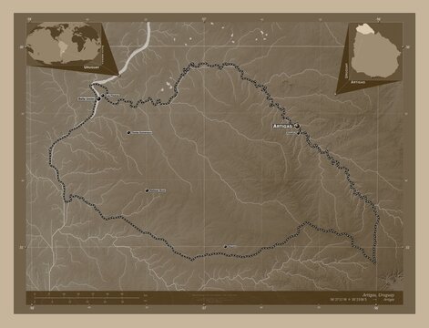 Artigas, Uruguay. Sepia. Labelled points of cities