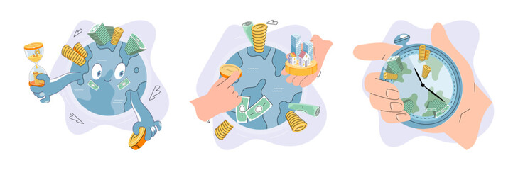 International investment company, money bills and coins fly around world. Global economy financial system vector set. Loan of money made by investor for purpose of earning interest. World cash flows