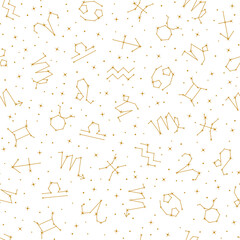 Golden zodiac signs seamless pattern, astrological symbols repeating print on white background. Astrological, horoscope symbols, constellations of sparkling stars vector illustration