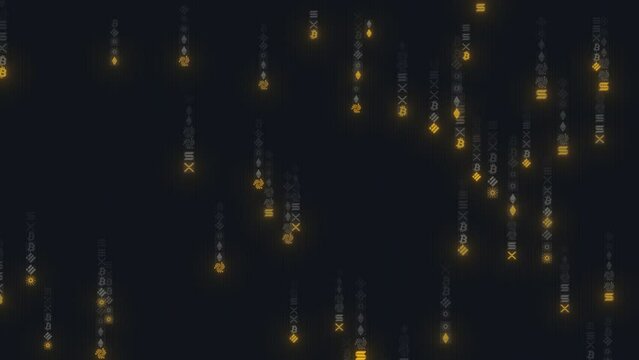 Falling Cryptocurrency Symbols In Matrix Style Rain Code Effect Abstract Background. Code in the Matrix Style. Digital Data Stream. Cryptocurrency Stream. Blockchain Technology. Cryptocurrency Icons