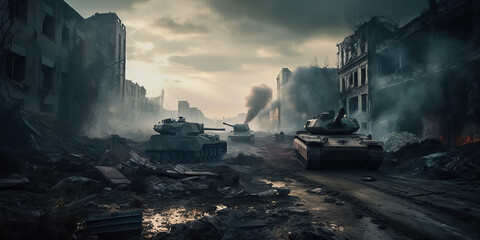 tank at war on battlefield in ruined city in ruins. Generative AI illustration