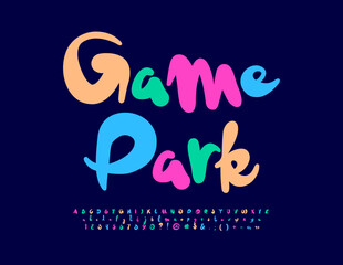 Vector funny Sign Game Park. Colorful Playful Font. Bright Creative Alphabet Letters and Numbers set