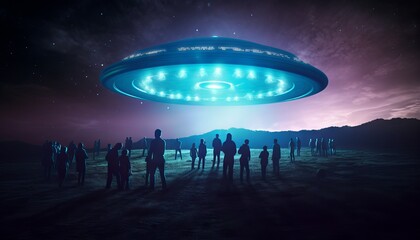 Fototapeta na wymiar image of an illuminated UFO spaceship surrounded by a group of humans, as a blue light portal glows beneath it. Generative ai