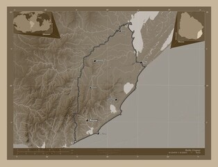 Rocha, Uruguay. Sepia. Labelled points of cities
