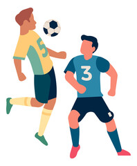 Soccer players on field. Man stopping ball with chest