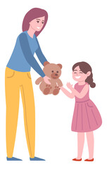 Woman giving teddy bear to little girl. Kid present
