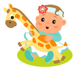 Cute cartoon baby playing with soft animal toy