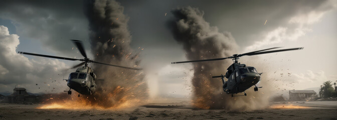 Into the Fray: Helicopters Navigate a Smoke-Filled Battlefield of Rockets and Dust. Generative AI