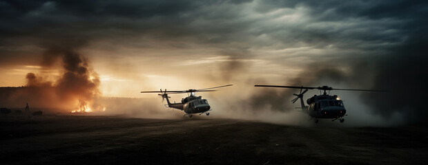 Adrenaline-Fueled Action: Helicopters Brave the Warzone to Launch Rockets Amidst Smoke and Chaos. Generative AI