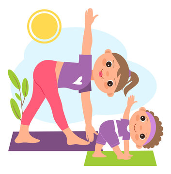 Mother And Kid Doing Yoga Together. Healthy Lifestyle