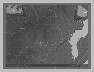 Treinta y Tres, Uruguay. Grayscale. Labelled points of cities
