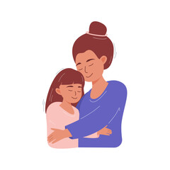 A beautiful young woman and her charming daughter. The girl hugs her mother and smiles. Mother's Day card. Vector flat cartoon illustration.