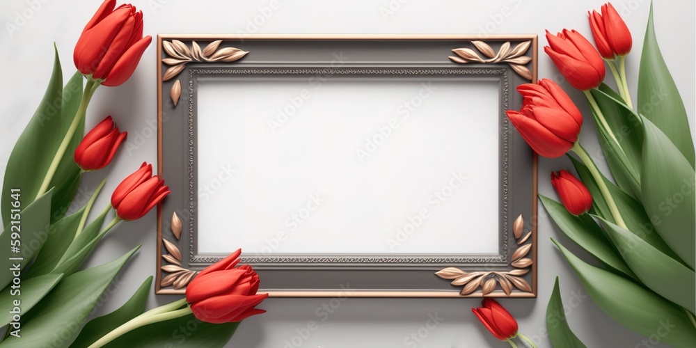 Poster red tulips in a top view near the picture generative ai