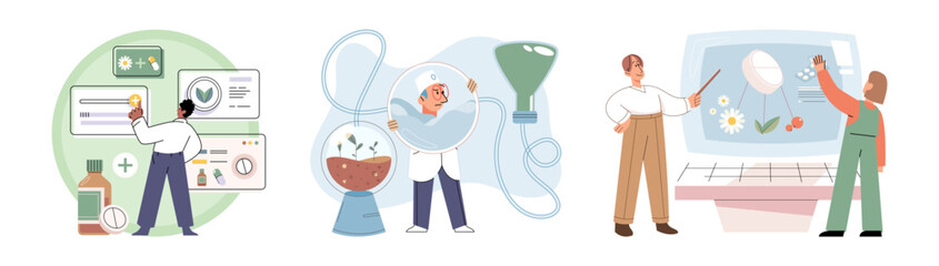 Herbal oils natural medicines. Scientist or doctor making alternative medicine herb, mortar, laboratory glassware plant in tube, flower. Doctor checking medicinal herbs. Herbal medicine. Drug research