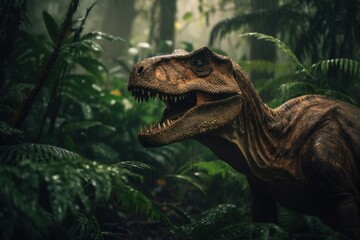 Dinosaur in the rainforest. Cretaceous period animal. Generative AI