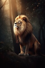 Plakat Portrait of a lion in the forest on a dark background. Generative AI