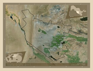 Bukhoro, Uzbekistan. High-res satellite. Labelled points of cities