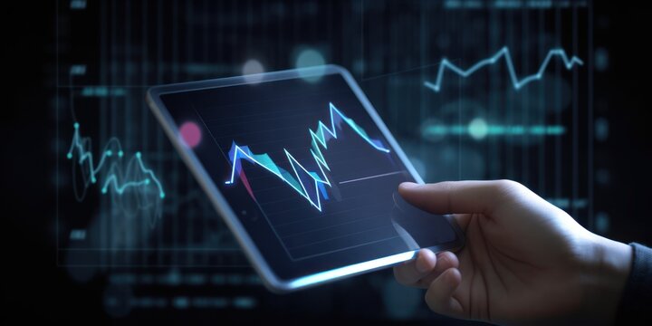 Businessman hand holding tablet with stock market chart and graph on screen, Generative AI