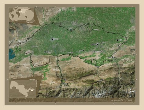 Ferghana, Uzbekistan. High-res satellite. Labelled points of cities