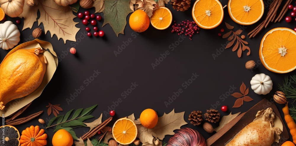 Poster top view thanksgiving food border composition with copy space generative ai