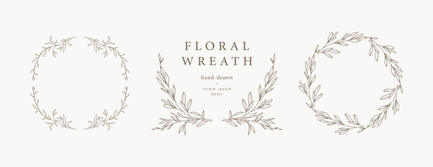 Hand drawn floral frames, wreaths with flowers, branches and leaves. Elegant logo template. vector illustration for label, branding business identity, wedding invitation