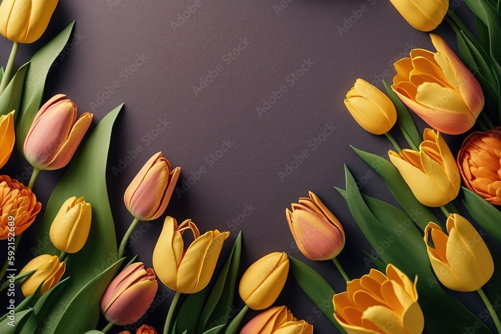 Poster copy space in a field of tulips, top view generative ai
