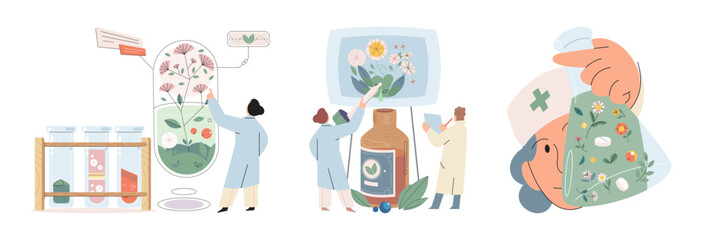 Homeopathy and herbal remedies set. Medical research laboratory diagnostics. Homeopathic treatment and phytotherapy. Traditional herb recipes of alternative medicine. Medicine pharmacy. Herbal pills