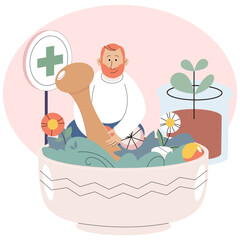 Prepare herbal decoction. Man cook natural potion in big bowl with various flowers, green leaves and herbal ingredients. Organic cosmetics, skincare products. Herbal medicine and homeopathy healthcare