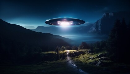 Obraz na płótnie Canvas image of an illuminated UFO spaceship hovering over a mountainous landscape. Generative ai
