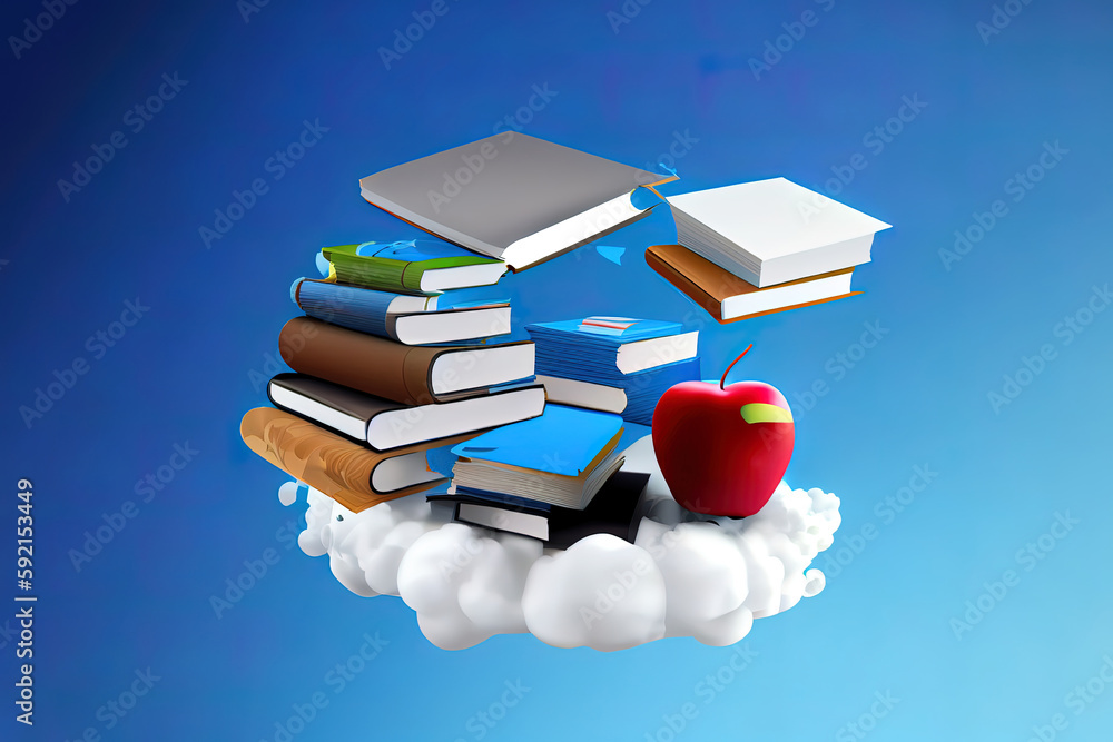 Poster 3d render of stack of books with apple on top. generative ai