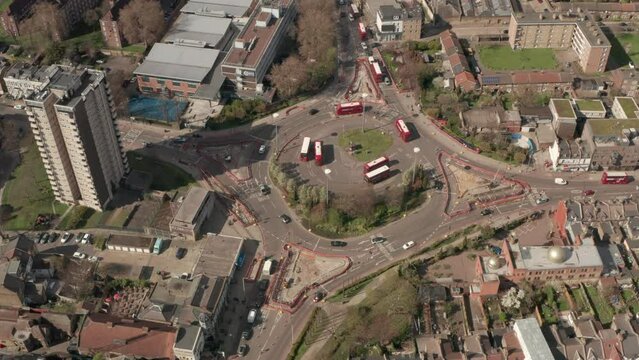 Circling aerial shot of Lea bridge roundabout under redevelopment
