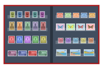 Isometric Philately and Marks Collection Concept. Old vintage collectible postage stamps albums and magnifying glass. Philately and stamp collection