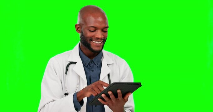 Tablet, doctor thinking and black man on green screen in studio isolated on mockup background. Medical surgeon, technology or happy person with healthcare solution, telehealth idea or problem solving
