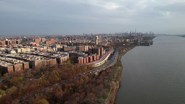 Gorgeous aerial view of uptown Manhattan's west side and Hudson River. New York City skyline in the spring.