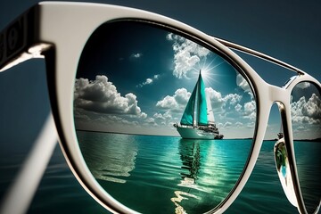 Sunglasses reflecting a sailboat on Carribbean blue seas | summer | vacation