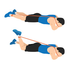 Man doing prone or lying resistance band knee bends exercise.