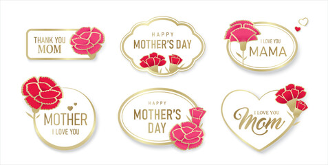 Set of premium Mother's day golden gift tags with carnation flowers.