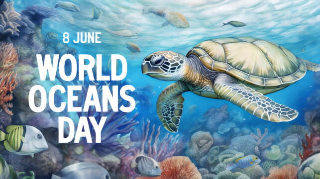world oceans day turtle & coral underwater illustration design, made with generative ai